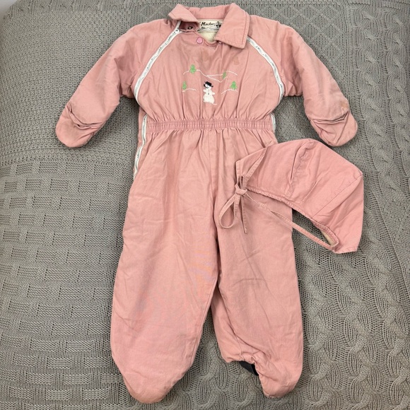 Vintage Other - 50s 60s Vintage Girls Youth Ski Master Snowman Embroidered Pink Snow Ski Suit